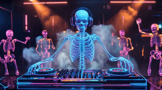 Neon Skeleton Club Beats & Visual Drift: 4K 60fps OLED Panel-Safe Background
